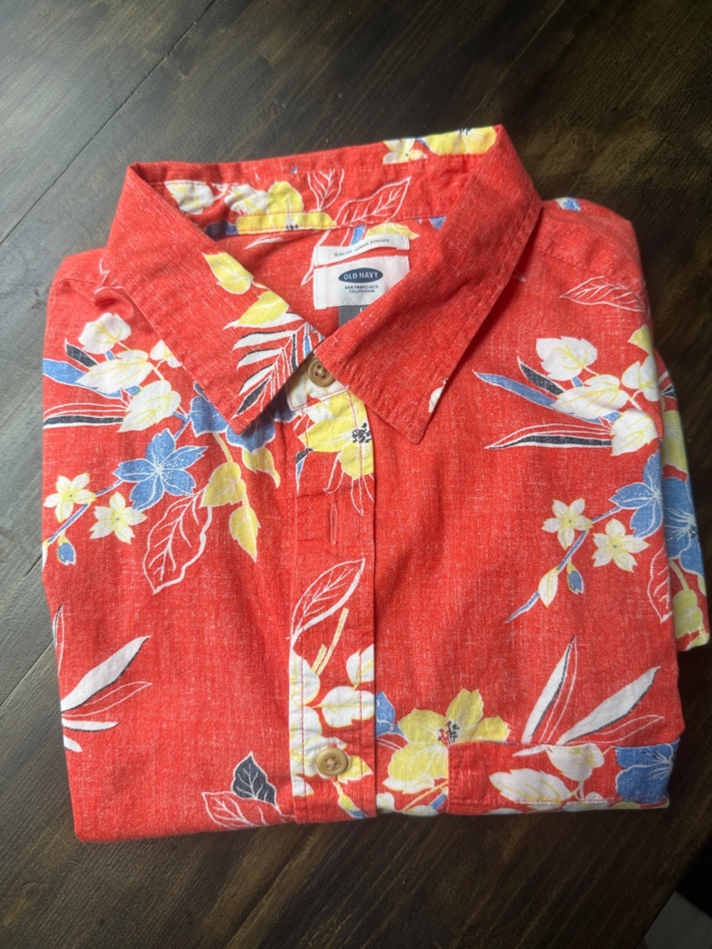 Old Navy Men's Coral Red Floral Short-Sleeve Button-Down Shirt Slim Fit